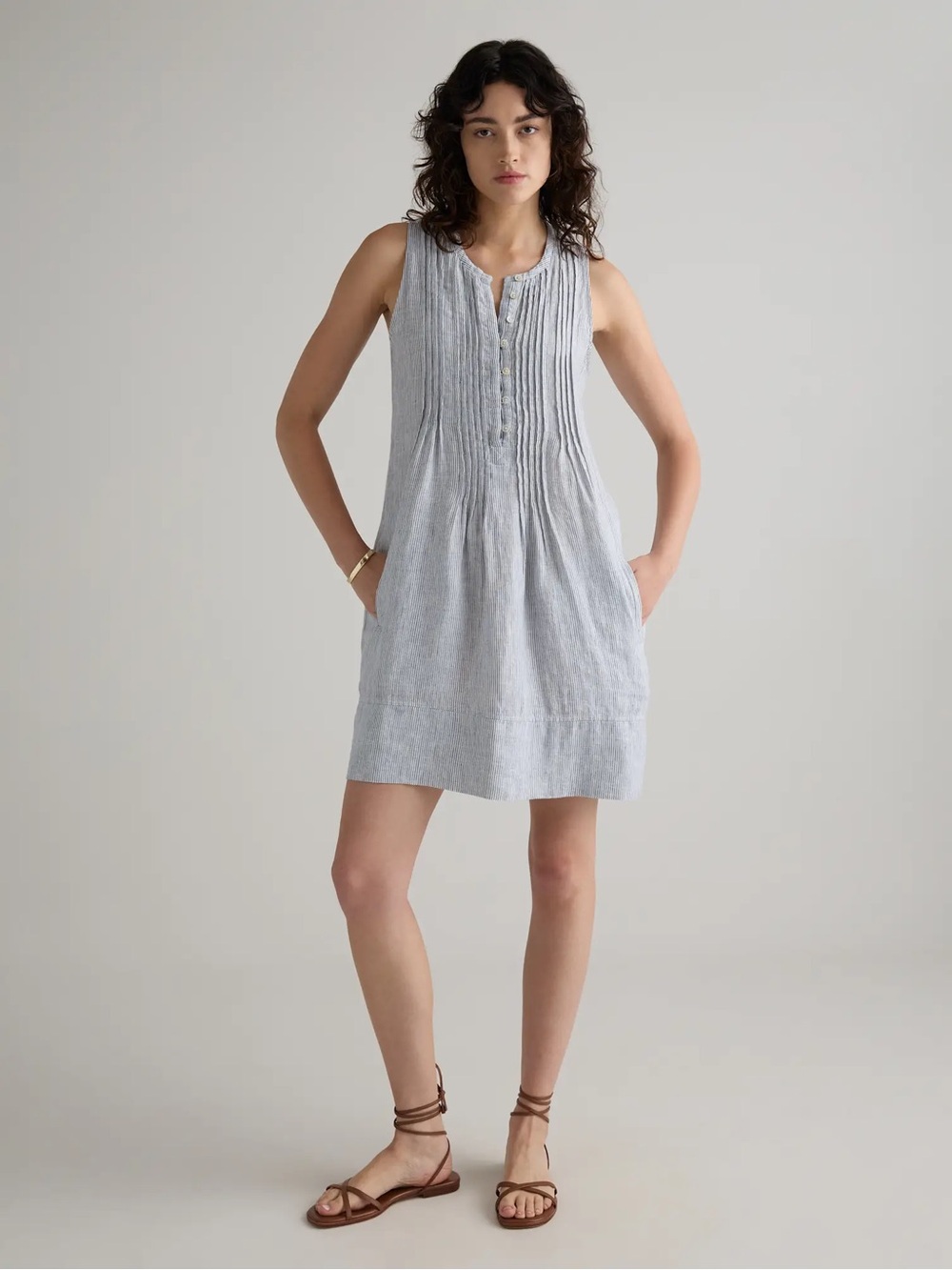 Quince 100% European Linen Blue Pinstripe Sleeveless Swing Dress Size M